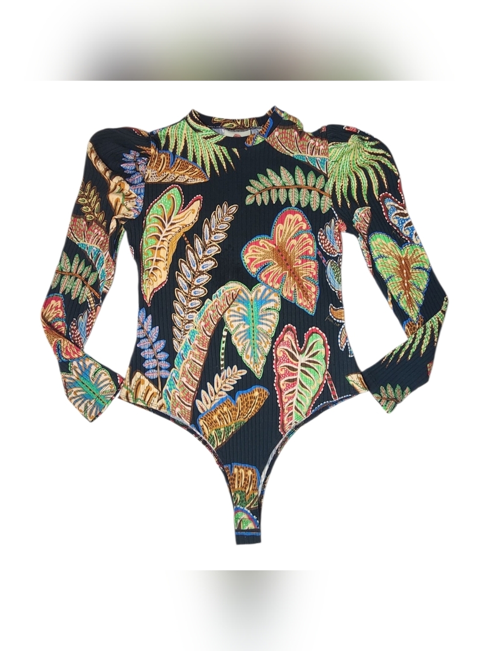Farm Rio Cool Foliage Bodysuit M Tropical Print Long Sleeve Top